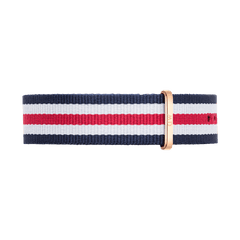 Navy, white, and red striped Canterbury Strap Rose Gold NATO watch strap with a rose gold buckle, made from durable polyester for a comfortable and stylish fit.