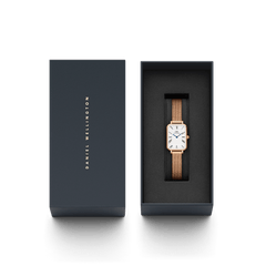 Quadro Roman Numerals Melrose watch with a rose gold mesh strap and rectangular white dial, elegantly presented in a branded gift box, ideal for gifting or special occasions.