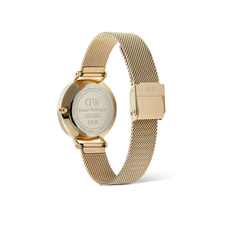 Back view of the Petite Lune Evergold ladies gold watch showing the engraved stainless steel case, adjustable gold mesh strap, and secure clasp, highlighting the craftsmanship and attention to detail.