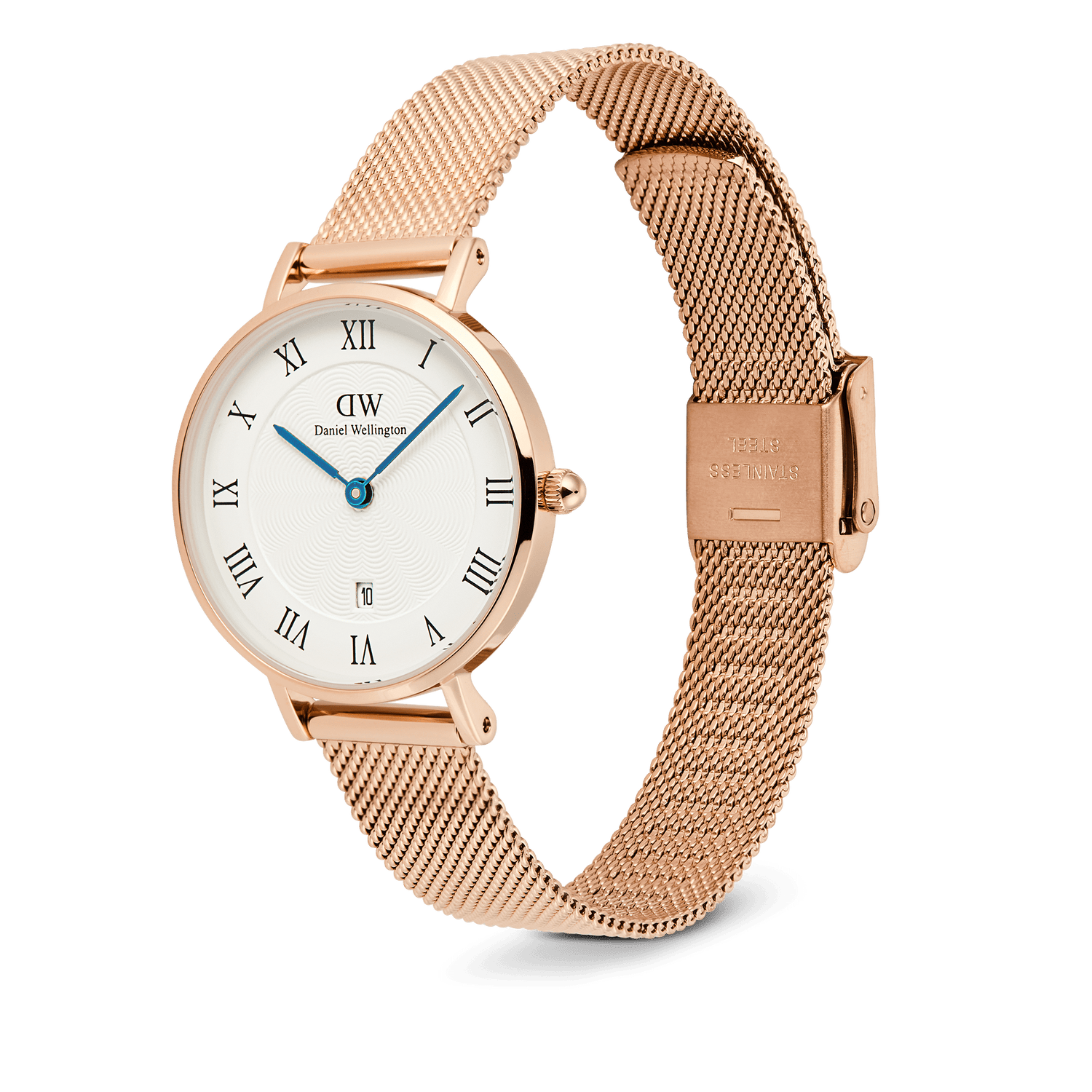 Petite Roman Numerals Date Rose Gold ladies watch with a 28mm rose gold case, adjustable mesh strap, white dial featuring Roman numerals, blue hands, and a date window at 6 o’clock.