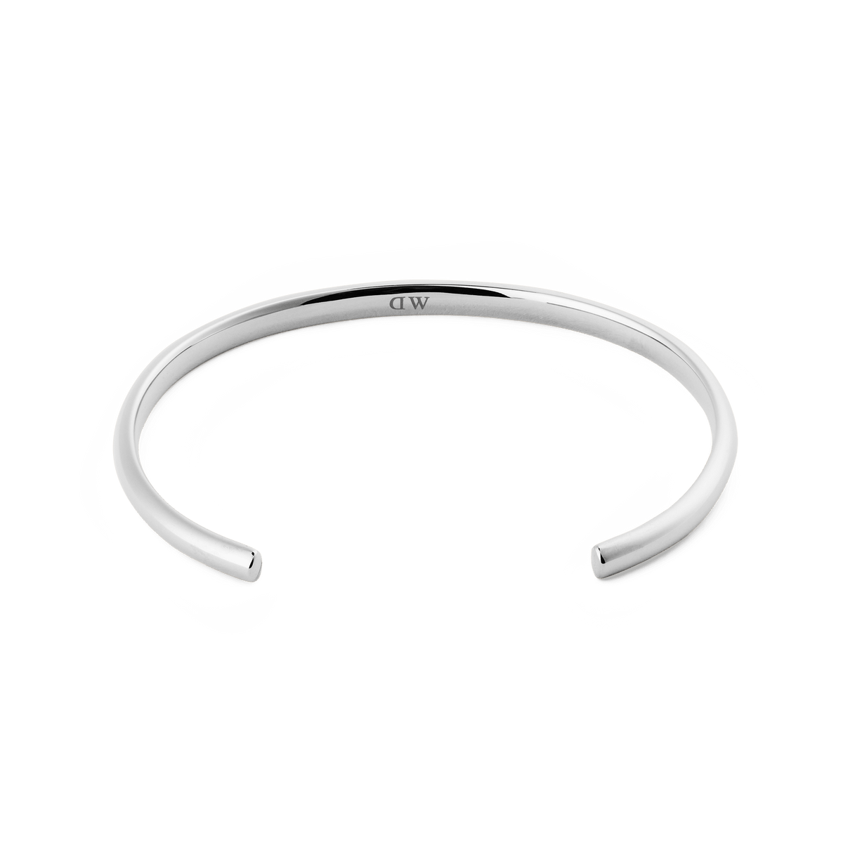 Arch Cuff Silver 6mm with a minimalist, open cuff design and a polished silver finish, crafted from 316L stainless steel and featuring a discreet logo on the inner surface.