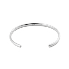 Arch Cuff Silver 6mm with a minimalist, open cuff design and a polished silver finish, crafted from 316L stainless steel and featuring a discreet logo on the inner surface.