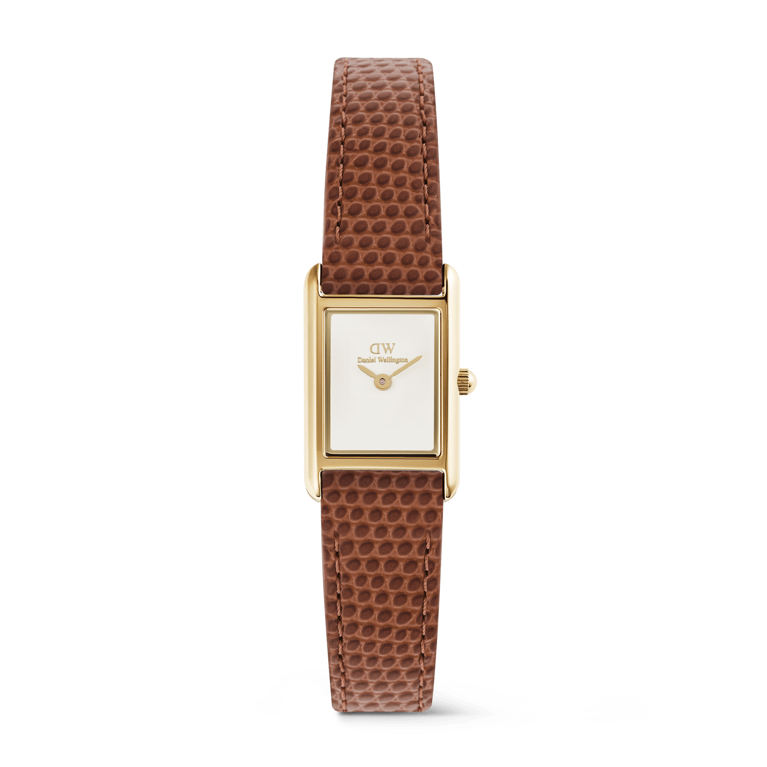 Petite rectangular gold watch with a crisp white dial and light brown lizard-embossed genuine leather strap, featuring minimalist styling and a comfortable fit for everyday wear.