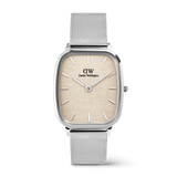 Marlon Sterling Linen men’s watch with a cushion-shaped silver stainless steel case, subtle yellow linen-textured dial, minimalist hour markers, and an adjustable silver mesh strap.