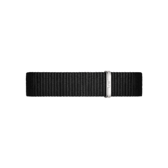 Cornwall Strap Silver features a sleek all-black NATO style polyester watch strap with a silver buckle, showcasing its minimalist design and durable woven texture.