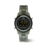 Retro Digital Dark Green watch featuring a dark green transparent link bracelet, round black digital dial, and clear LED display with chronograph and calendar functions.