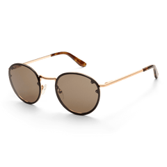Arch Steel Brown Rose Gold sunglasses with round brown UV400 nylon lenses, rose gold plated stainless steel frame, and tortoiseshell acetate temple tips, shown at a slight angle to highlight the minimalist design and adjustable nose pads.