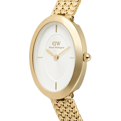 Close-up of the Juliette Braided Mesh White Sunray Gold ladies watch, showing the oval gold case, minimalist white sunray dial, and textured braided mesh gold strap.