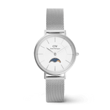 Petite Lune Sterling ladies watch with a silver mesh strap, minimalist white dial, and a moon phase sub-dial, designed for everyday elegance and versatility.