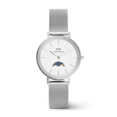 Petite Lune Sterling ladies watch with a silver mesh strap, minimalist white dial, and a moon phase sub-dial, designed for everyday elegance and versatility.
