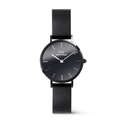 Daniel Wellington Petite Reflection Black watch with a 28mm black mirror glass dial, minimalist hour markers, and a polished black mesh stainless steel strap.