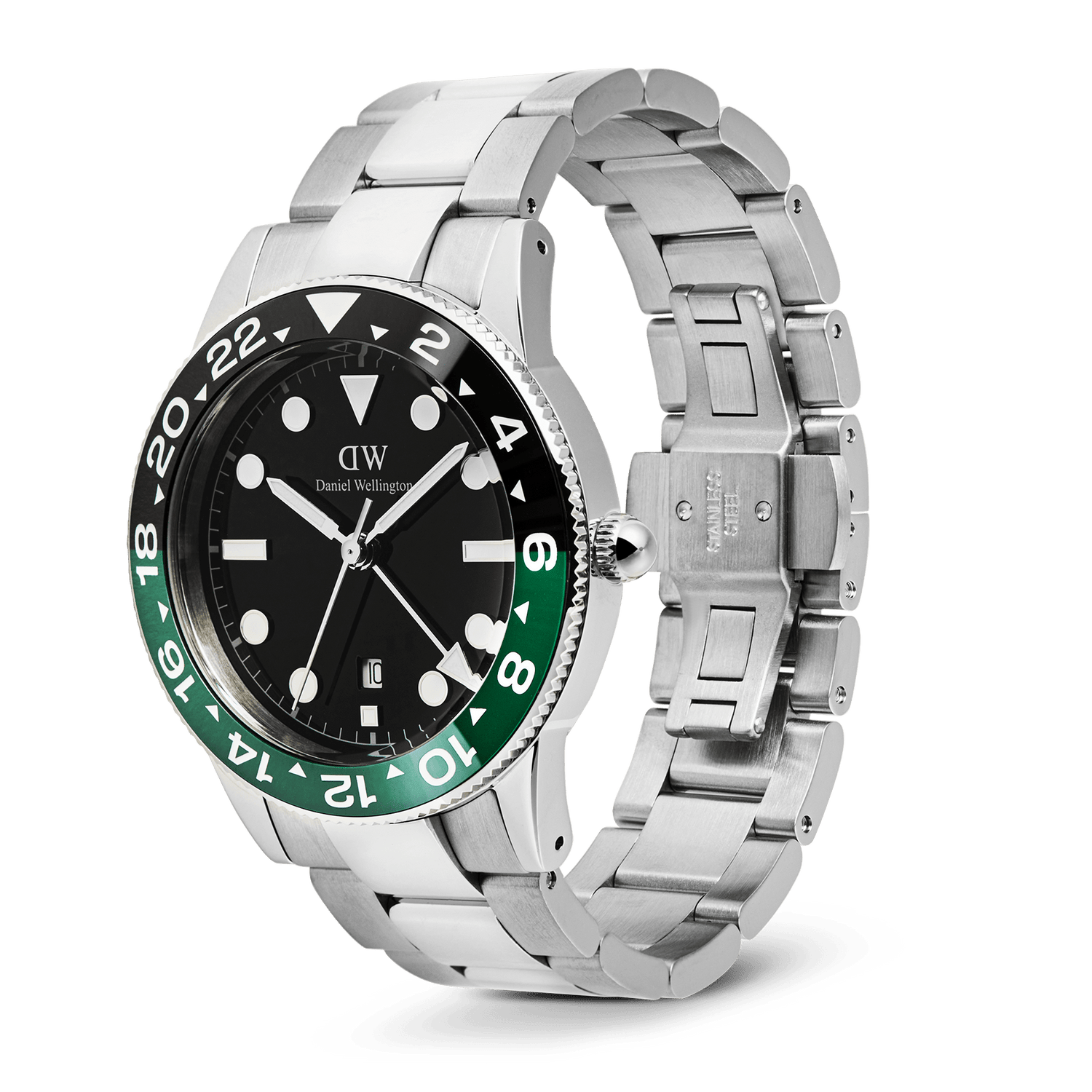 Daniel Wellington Iconic GMT Link Black Green Ceramic Bezel Silver watch with a black dial, green and black ceramic bezel, and open stainless steel bracelet showing the double side push butterfly clasp.