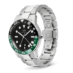 Daniel Wellington Iconic GMT Link Black Green Ceramic Bezel Silver watch with a black dial, green and black ceramic bezel, and open stainless steel bracelet showing the double side push butterfly clasp.