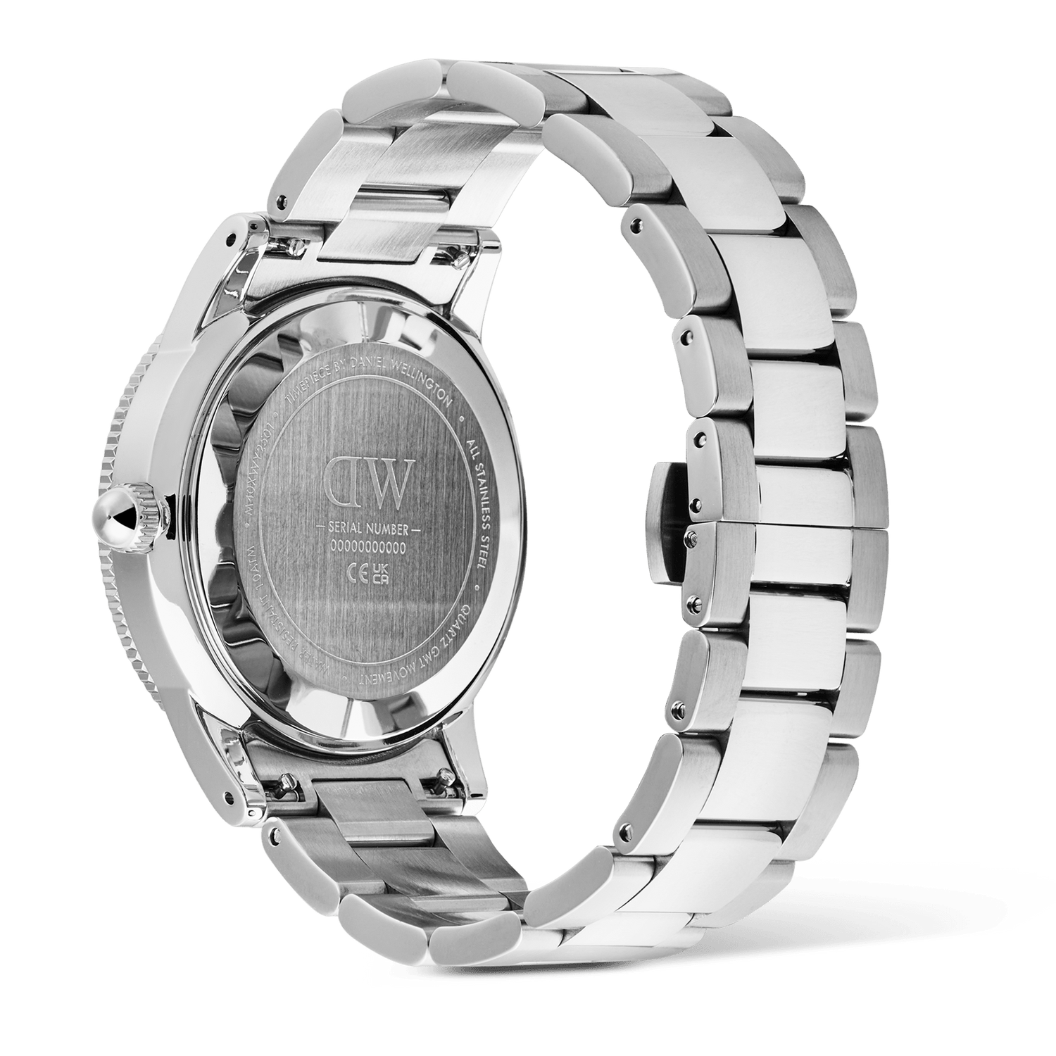 Rear view of the Daniel Wellington Iconic GMT Link Black Blue Ceramic Bezel Silver watch, showing the engraved stainless steel case back and the polished silver stainless steel bracelet with butterfly clasp.