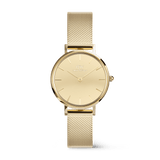 Petite Reflection Gold women’s watch with a 28mm gold mirror-effect dial and a polished gold mesh strap, featuring a minimalist design and Daniel Wellington branding.