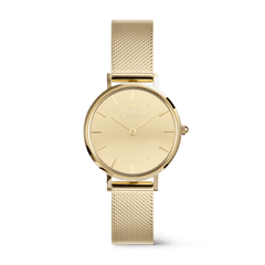 Petite Reflection Gold women’s watch with a 28mm gold mirror-effect dial and a polished gold mesh strap, featuring a minimalist design and Daniel Wellington branding.
