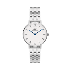 Petite Roman Numerals 5-Link Silver watch featuring a white dial with Roman numerals, blue steel hands, and a polished five-link stainless steel bracelet, designed for a refined and comfortable fit.