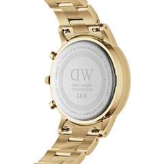 The back view of the Iconic Chronograph Link Onyx G men's watch shows the engraved stainless steel case, gold bracelet links, and water resistance marking, highlighting its robust build and attention to detail.