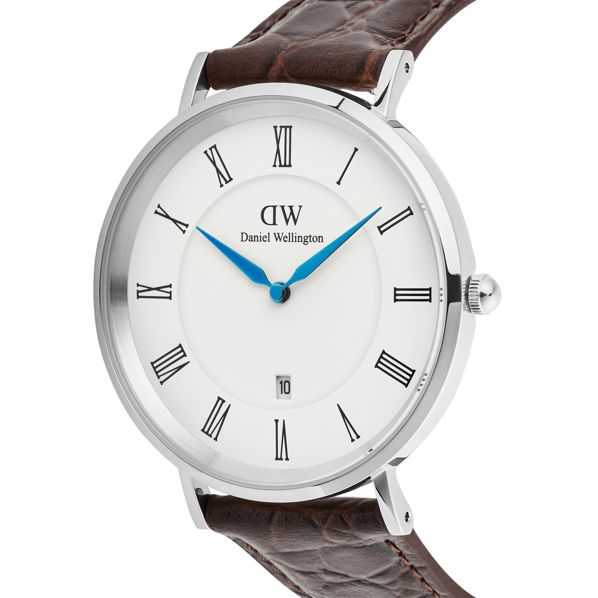 Close-up of the Classic Roman Numerals Date Dark Brown Croc Belly Silver watch, showing the polished silver stainless steel case, white dial with black Roman numerals, blue hands, date display, and a textured dark brown crocodile-embossed leather strap.
