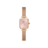 Quadro Mini Melrose Blush ladies watch featuring a petite rectangular rose gold case, soft pink dial, and a slim rose gold mesh strap, designed for small wrists and everyday elegance.