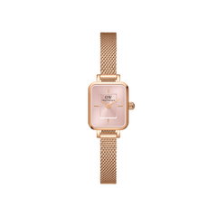 Quadro Mini Melrose Blush ladies watch featuring a petite rectangular rose gold case, soft pink dial, and a slim rose gold mesh strap, designed for small wrists and everyday elegance.