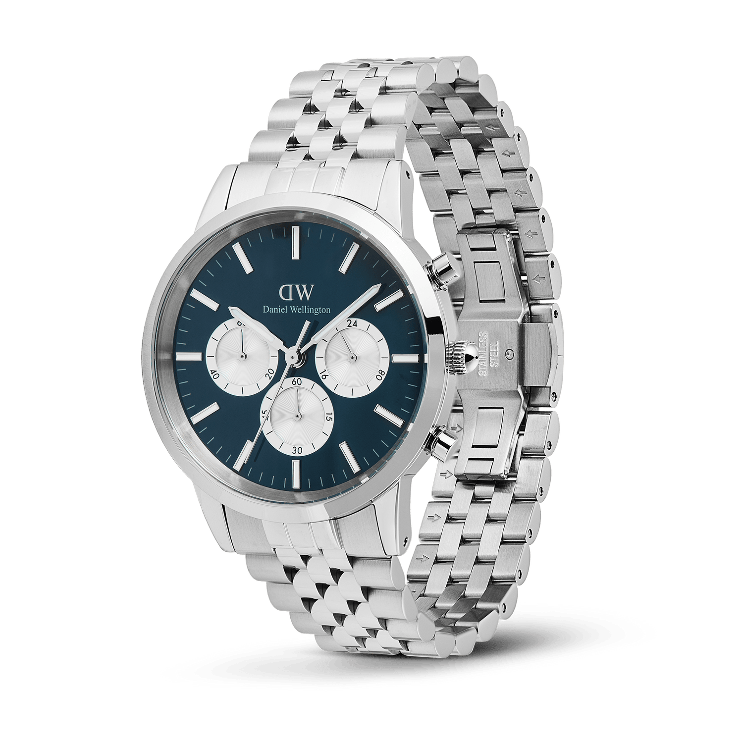 Iconic Chronograph Arch 5-Link Arctic Panda Silver men's watch with a blue dial, silver sub-dials, and polished stainless steel 5-link bracelet, shown with the butterfly clasp open.