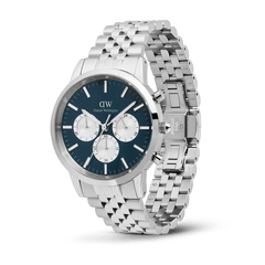 Iconic Chronograph Arch 5-Link Arctic Panda Silver men's watch with a blue dial, silver sub-dials, and polished stainless steel 5-link bracelet, shown with the butterfly clasp open.