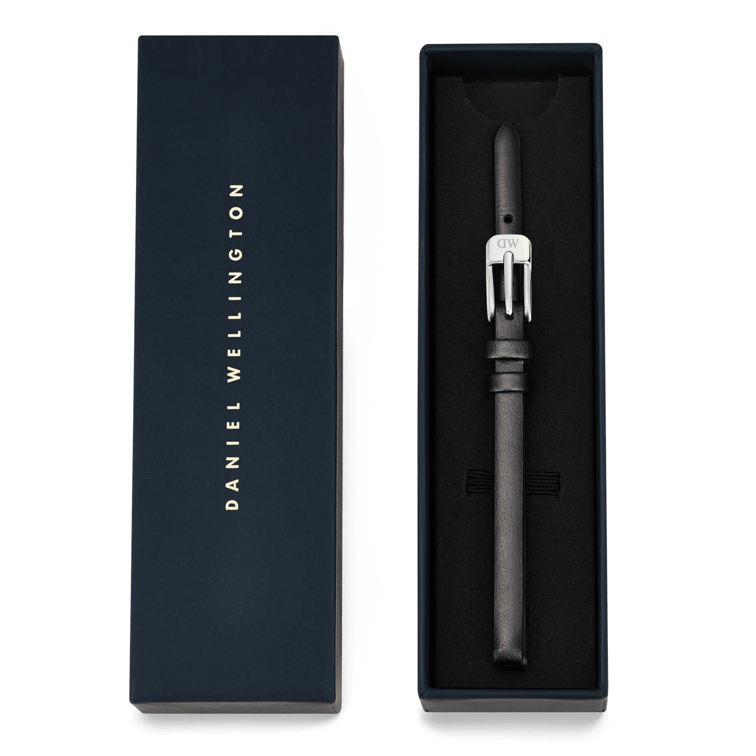 Pressed Sheffield Strap Silver presented in a premium navy blue Daniel Wellington box, featuring a slim black leather strap with a polished silver buckle, ideal as a stylish gift or replacement for small watches.