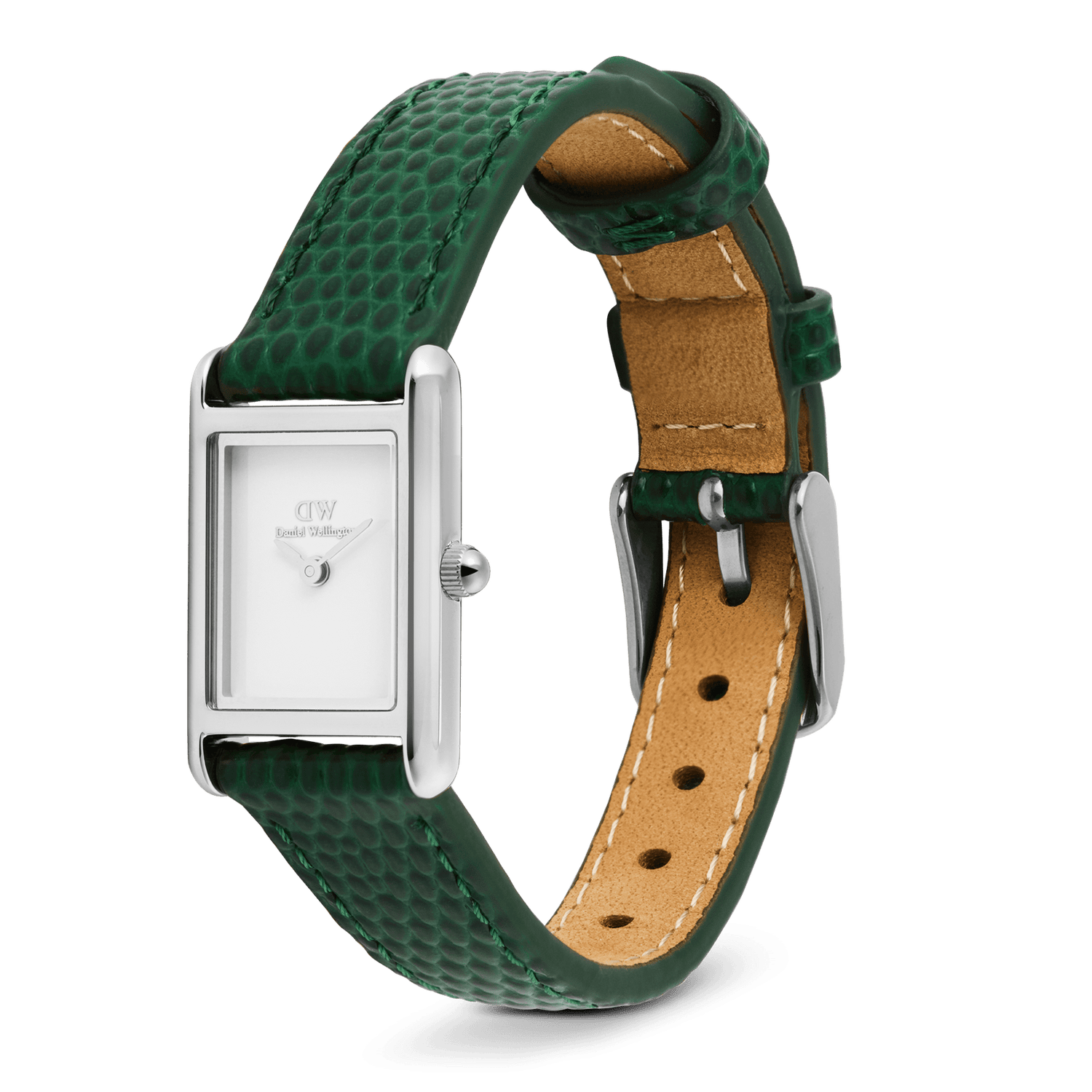Bound Mini Green Lizard Silver watch with a slim rectangular silver case, minimalist white dial, and a textured green leather strap featuring a pin buckle closure and tan leather lining.