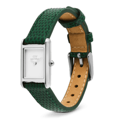 Bound Mini Green Lizard Silver watch with a slim rectangular silver case, minimalist white dial, and a textured green leather strap featuring a pin buckle closure and tan leather lining.