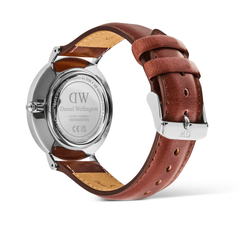 Classic Multi-Eye St Mawes Off-white Sunray Silver men's watch showing the polished stainless steel case back, engraved details, and brown genuine leather strap with a silver pin buckle.