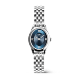 Ophelia Mini Arctic Silver ladies watch with a polished oval stainless steel case, blue sunray dial, Roman numeral markers, and a slim 5-link silver bracelet.