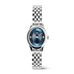 Ophelia Mini Arctic Silver ladies watch with a polished oval stainless steel case, blue sunray dial, Roman numeral markers, and a slim 5-link silver bracelet.