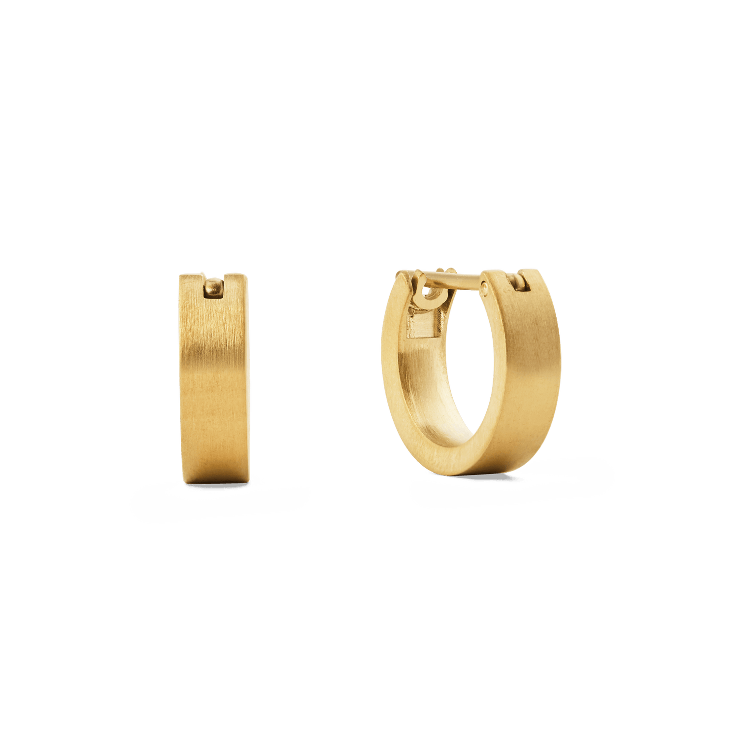 A pair of small brushed gold hoop earrings with a minimalist, softly textured finish and a secure latch-back closure, shown from both side and front angles against a plain background.