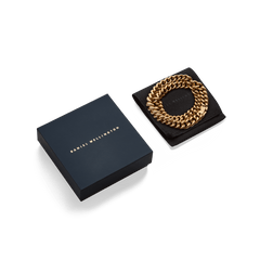 Chunky Chain Necklace Gold presented coiled on a black cushion next to a sleek Daniel Wellington gift box, showcasing its bold gold links and elegant packaging ideal for gifting.