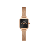 Quadro Mini Melrose Onyx ladies watch featuring a rectangular black onyx dial, rose gold mesh strap, and slim rose gold case, designed for everyday elegance and comfortable wear.