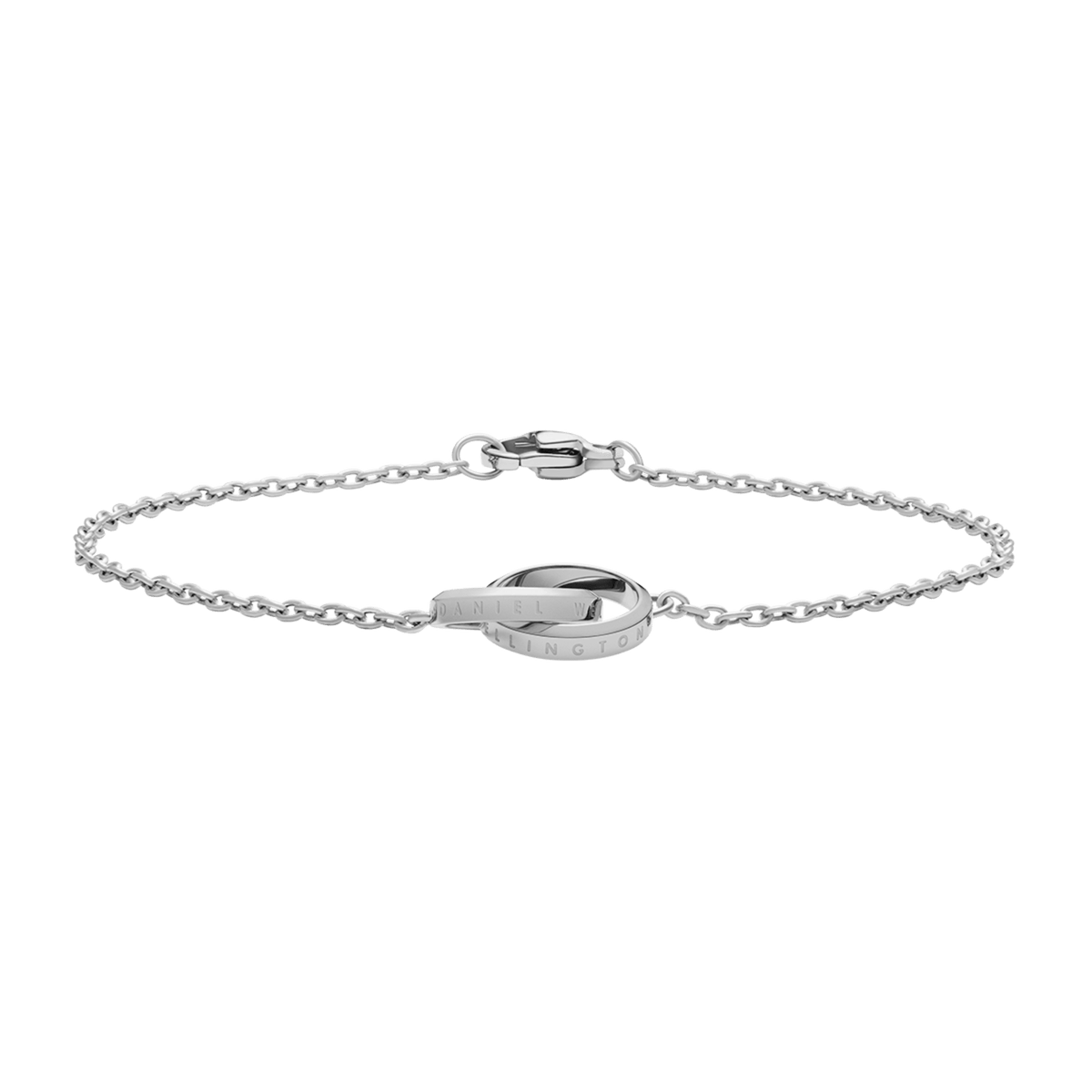 Elegant Elan Unity Bracelet Silver featuring two interlocking rings on a slender silver chain, crafted from stainless steel with a polished finish and a secure clasp.