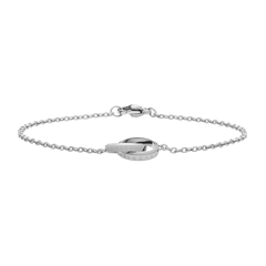 Elegant Elan Unity Bracelet Silver featuring two interlocking rings on a slender silver chain, crafted from stainless steel with a polished finish and a secure clasp.