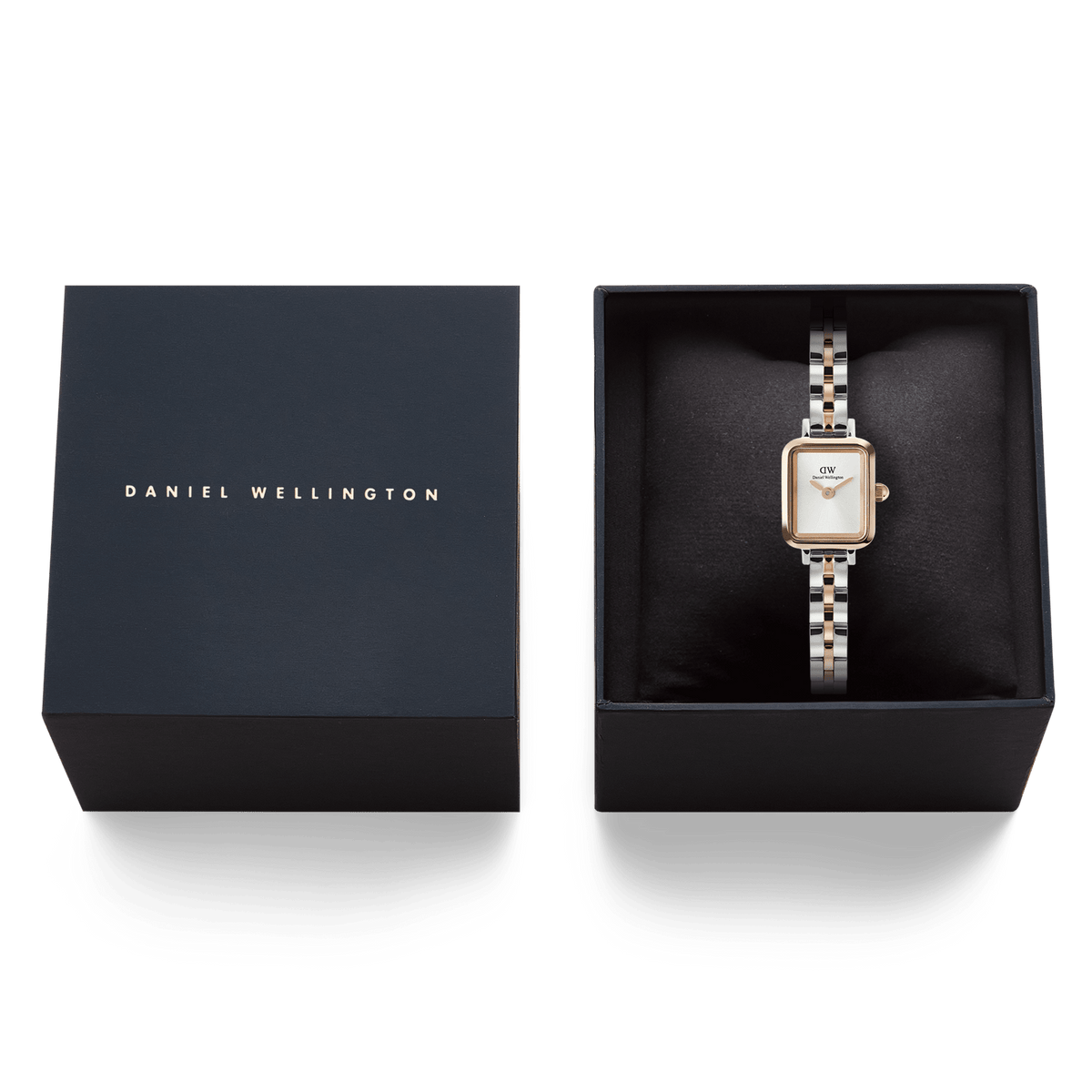 Quadro Mini Arch 3-Link Two Tone Rose Gold ladies watch presented in a Daniel Wellington gift box, featuring a slim rectangular case and a polished silver and rose gold 3-link bracelet.