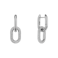 Crystal Link Earrings Silver featuring a chunky chain-inspired design with polished silver finish and sparkling cubic zirconia accents, shown in a pair with secure clasps.
