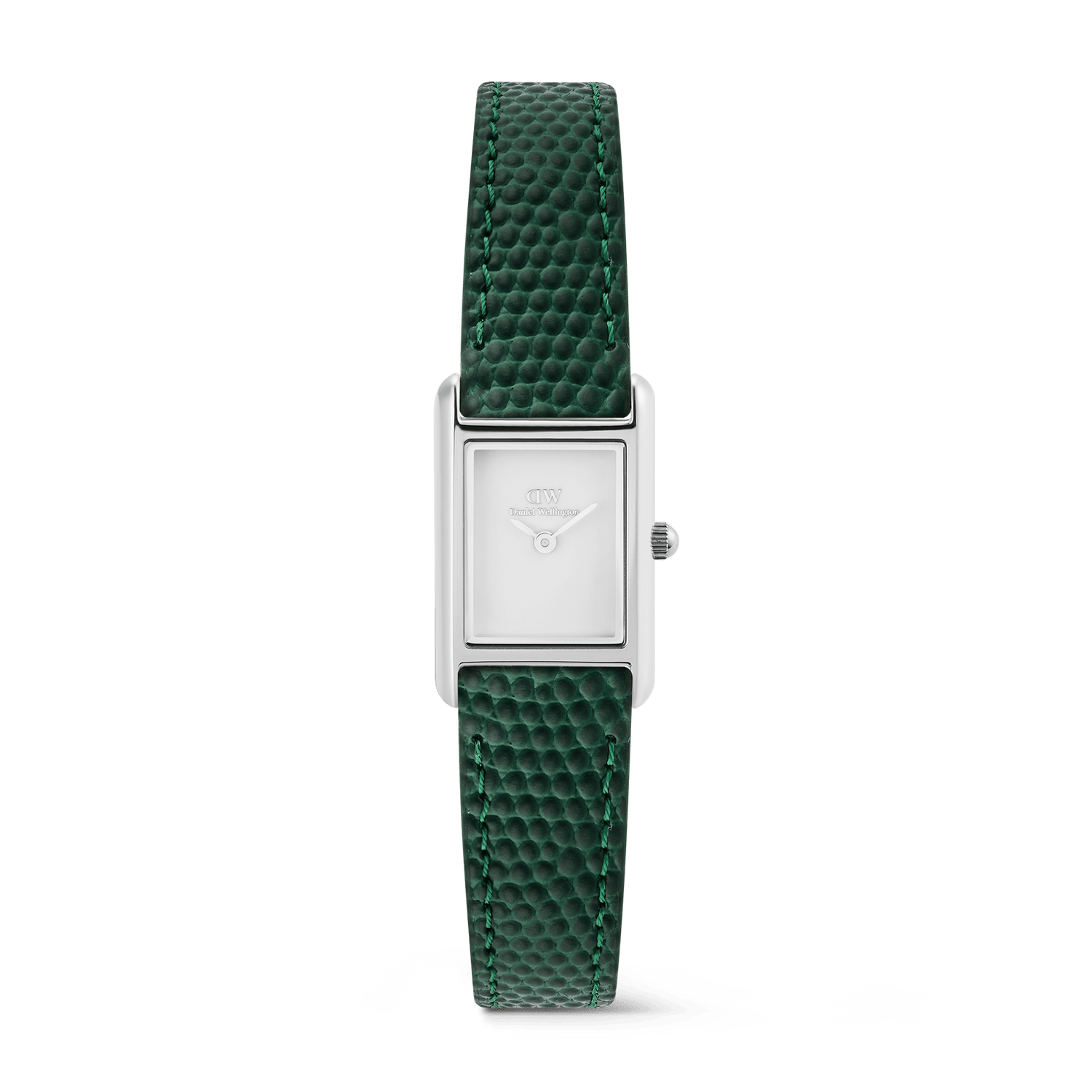 Rectangular silver ladies watch with a minimalist white dial and a textured green leather strap, featuring a slim design and pin buckle closure.