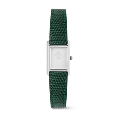 Rectangular silver ladies watch with a minimalist white dial and a textured green leather strap, featuring a slim design and pin buckle closure.