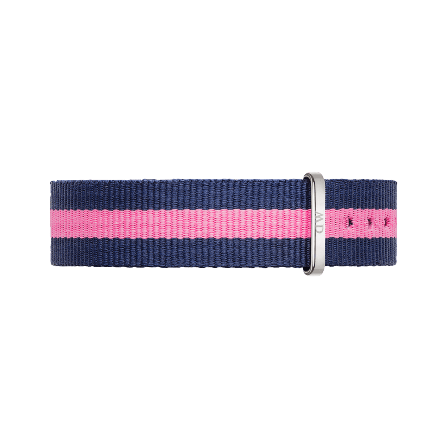 Winchester Strap Silver features a navy blue and pink striped 18mm NATO style watch strap with an adjustable polished silver buckle, crafted from lightweight polyester fabric.