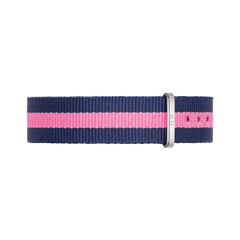 Winchester Strap Silver features a navy blue and pink striped 18mm NATO style watch strap with an adjustable polished silver buckle, crafted from lightweight polyester fabric.