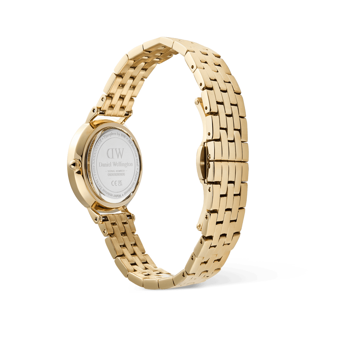Rear view of the Petite Roman Numerals Date 5-link Gold watch, showing the polished gold 5-link bracelet, stainless steel case back, and butterfly clasp.