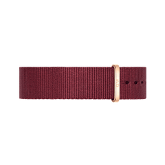 Roselyn Strap Rose Gold features a deep ruby red NATO style polyester band with a rose gold buckle, designed for a secure and stylish fit on a range of watches.