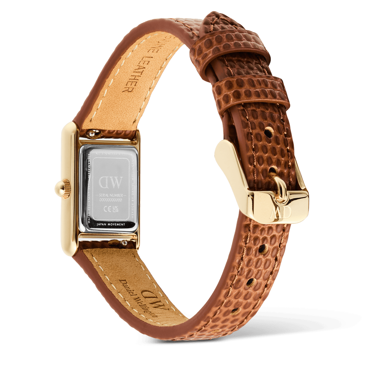 Rear view of the Bound Mini Light Brown Lizard Gold watch, highlighting the gold clasp, lizard-embossed genuine leather strap, and engraved stainless steel case back.