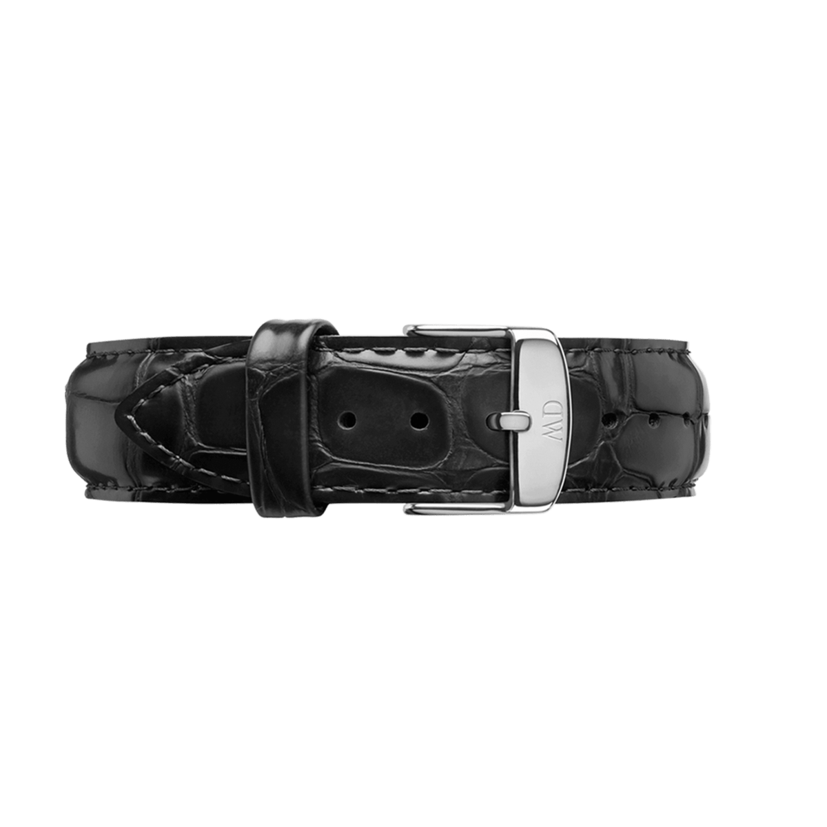 Reading Strap Silver leather watch strap in black with a croc-embossed texture and a polished silver buckle, shown from the front to highlight its classic design and quality stitching.