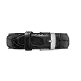 Reading Strap Silver leather watch strap in black with a croc-embossed texture and a polished silver buckle, shown from the front to highlight its classic design and quality stitching.