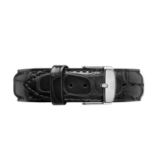 Reading Strap Silver leather watch strap in black with a croc-embossed texture and a polished silver buckle, shown from the front to highlight its classic design and quality stitching.